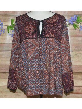 Sanctuary Boho Top Blouse Ladies XS Patchwork Peasant Mixed Print Rayon Oversize